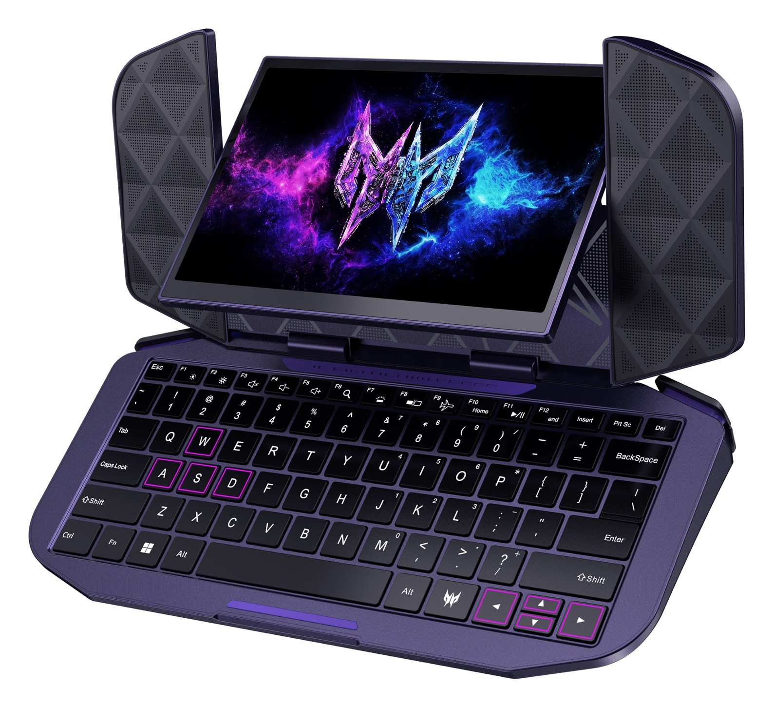 Acer Project DualPlay Mini in laptop mode, with the screen raised above the keyboard